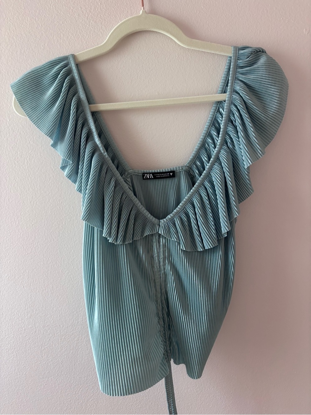 Zara Pleated Ruffle V-Neck Women's Top in Light Blue